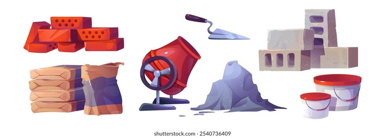 Conjunto de materiales de construcción aislados sobre fondo blanco. Ilustración de dibujos animados de Vector de equipos de obras de construcción, pilas de ladrillo, pila de bolsas de cemento, hormigonera, paleta, cubos de pintura, renovación de la casa