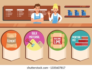 Building Materials Shop Flat Vector Advertising Banner with Happy Smiling Female and Male Consultants or Sellers at Cash Register Desk, Cement Bag, Bulk Materials, Lime and Mortar Mix Illustration