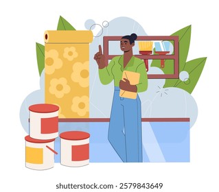 Building materials store. Woman sells yellow wallpaper, buckets of paint and brushes. Equipment for renovation and repair. Marketing and commerce. Flat vector illustration