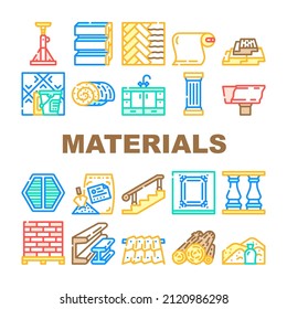 Building Materials And Supplies Icons Set Vector. Brick And Sand, Lumber And Plywood, Flooring And Roof Building Materials Line. Kitchen And Bath Cabinets Furniture Color Illustrations