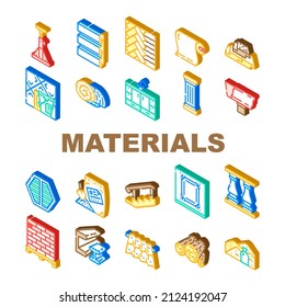 Materiales De Construcción Y Suministros Iconos Set Vector. Ladrillo Y Arena, Madera Y Madera, Suelo Y Línea De Materiales De Construcción De Techo. Muebles De La Cocina Y De La Bañera Isométricos Ilustraciones De Color De Signos