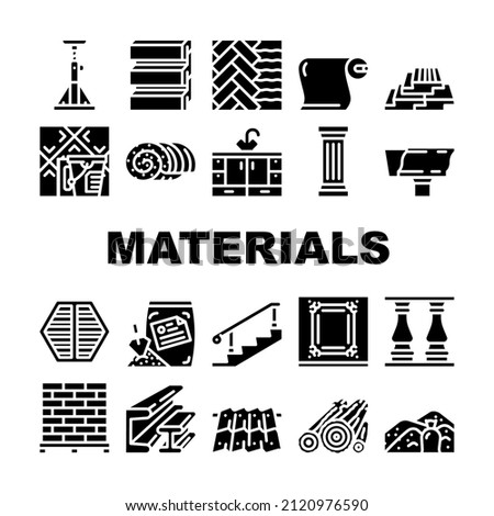 Building Materials And Supplies Icons Set Vector. Brick And Sand, Lumber And Plywood, Flooring And Roof Building Materials Line. Kitchen Bath Cabinets Furniture Glyph Pictograms Black Illustrations