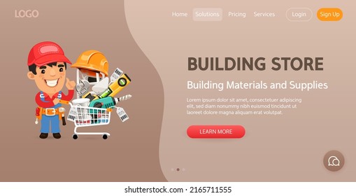 Building Materials and Supplies Store website template. Illustration of a cartoon worker purchasing materials in DIY for repair of apartment.