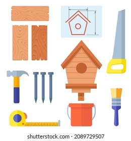 Building materials and tools for birdhouse with handmade. Crafts made of wooden boards and nails. Drawing, draft, plan of bird house. Bird protection Day . Vector illustration in cartoon style 