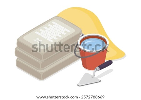 Building materials and tools. Pile of sand, bags of cement, bucket of water and trowel. 3d flat isometric vector illustration.