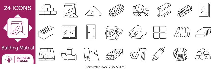 Building materials vector icon set featuring 24 construction symbols including bricks, cement, sand, lumber, steel beams, pipes, concrete mixer, windows, doors, paint, roofing, tiles, screws, sealant, and building supplies in clean monoline outline style.