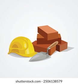 Building materials with worker helmet. Vector illustration of Bricks, cement knife and Safety Helmet for Construction.