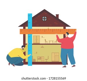 Building measure project concept. Engineer construction measuring. Process of building the house. Architectural work, builders make a house. Vector flat cartoon illustration