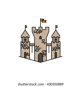 Building medieval castle illustration. Modern color flat design linear old castle   