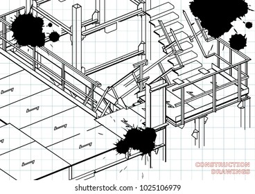 Building. Metal constructions. Volumetric constructions. 3D design. Abstract backgrounds. Draft. Black Ink. Blots