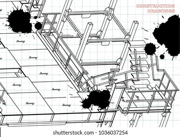 Building. Metal constructions. Volumetric constructions. 3D. Draft. Black Ink. Blots