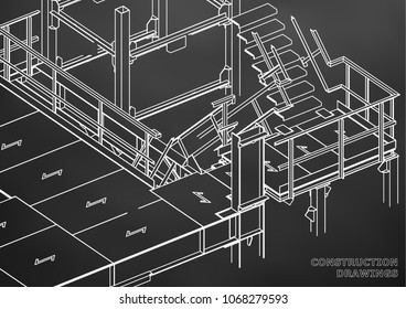 Building. Metal constructions. Volumetric constructions. 3D design. Abstract backgrounds. Black background
