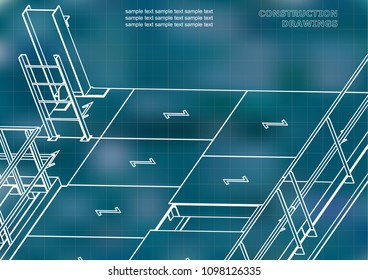 Building. Metal constructions. Volumetric constructions. 3D design. Blue background. Grid