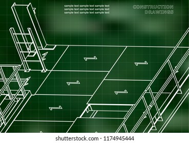 Building. Metal constructions. Volumetric constructions. 3D design. Green background. Grid