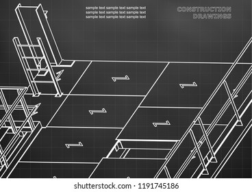 Building. Metal constructions. Volumetric constructions. 3D design. Black background. Grid