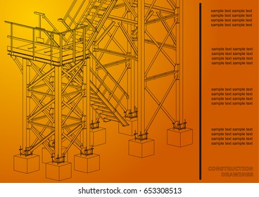 Building. Metal constructions. Volumetric constructions. 3D design. Abstract backgrounds. Cover, background, banner. Orange