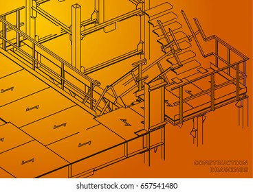 Building. Metal constructions. Volumetric constructions. 3D design. Abstract backgrounds. Orange