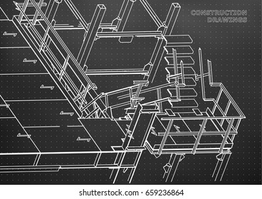 Building. Metal constructions. Volumetric constructions. 3D design. Abstract background. Black. Points