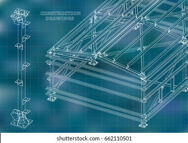 Building. Metal constructions. Volumetric constructions. 3D design. Abstract Cover, banner. Blue. Grid