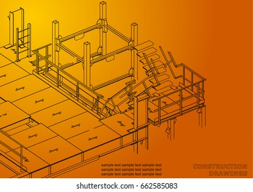 Building. Metal constructions. Volumetric constructions. 3D design. Abstract backgrounds. Cover. Orange