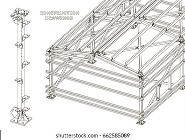 Building. Metal constructions. Volumetric constructions. 3D design. Abstract Cover, banner
