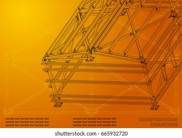 Building. Metal constructions. Volumetric constructions. 3D design. Abstract backgrounds. Cover, banner. Orange