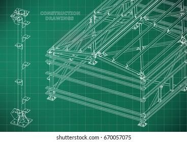 Building. Metal constructions. Volumetric constructions. 3D design. Abstract Cover, banner. Light green. Grid