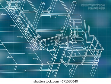 Building. Metal constructions. Volumetric constructions. 3D design. Abstract background. Blue. Grid