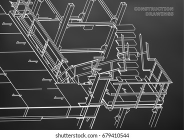 Building. Metal constructions. Volumetric constructions. 3D design. Abstract background. Black