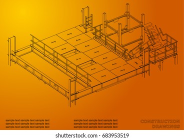 Building. Metal constructions. Volumetric constructions. 3D design. Abstract backgrounds. Cover, background. Orange