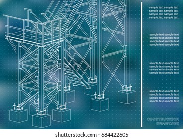 Building. Metal constructions. Volumetric constructions. 3D design. Abstract backgrounds. Cover, background, banner. Blue background. Points