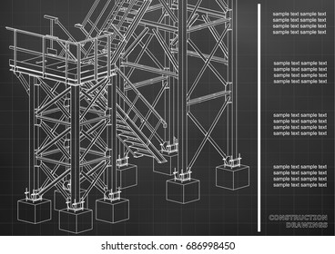 Building. Metal constructions. Volumetric constructions. 3D design. Abstract backgrounds. Cover, background, banner. Black background. Grid