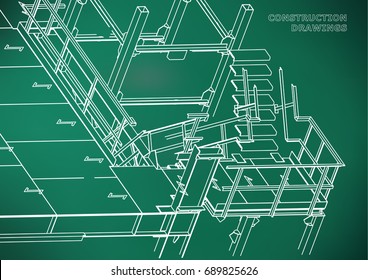 Building. Metal constructions. Volumetric constructions. 3D design. Abstract background. Light green