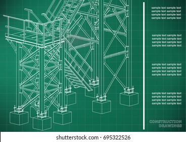 Building. Metal constructions. Volumetric constructions. 3D design. Abstract backgrounds. Cover, background, banner. Light green background. Grid
