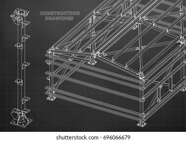 Building. Metal constructions. Volumetric constructions. 3D design. Abstract Cover, banner. Black. Grid