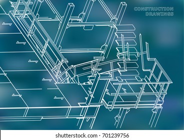 Building. Metal constructions. Volumetric constructions. 3D design. Abstract background. Blue