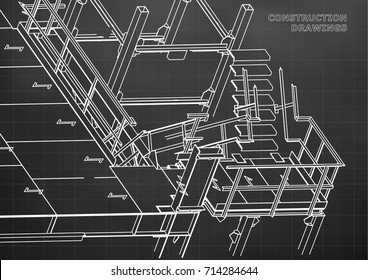 Building. Metal constructions. Volumetric constructions. 3D design. Abstract background. Black. Grid