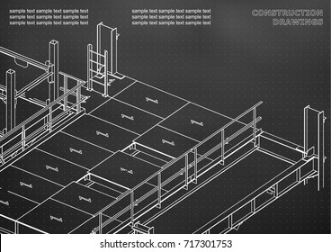 Building. Metal constructions. Volumetric constructions. 3D design. Abstract. Black background. Points