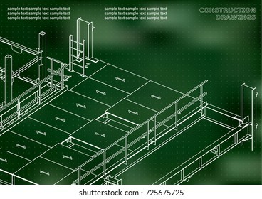 Building. Metal constructions. Volumetric constructions. 3D design. Abstract. Green background. Points