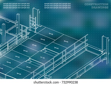 Building. Metal constructions. Volumetric constructions. 3D design. Abstract. Blue background. Points