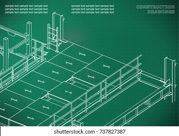 Building. Metal constructions. Volumetric constructions. 3D design. Abstract. Light green background. Points