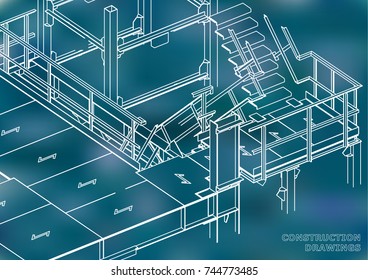Building. Metal constructions. Volumetric constructions. 3D design. Abstract backgrounds. Blue background