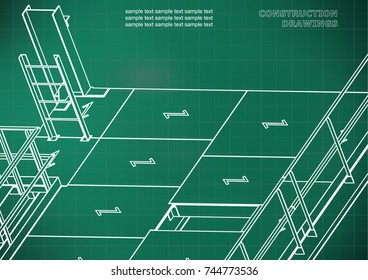 Building. Metal constructions. Volumetric constructions. 3D design. Light green background. Grid