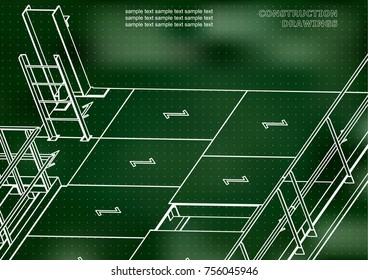 Building. Metal constructions. Volumetric constructions. 3D design. Green background. Points