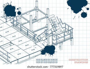 Building. Metal constructions. Volumetric constructions. 3D design. Abstract backgrounds. Cover. Draft. Ink. Blots