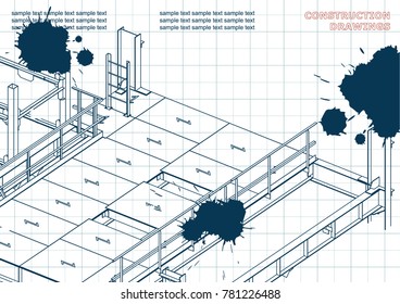 Building. Metal constructions. Volumetric constructions. 3D design. Abstract. Draft. Ink. Blots