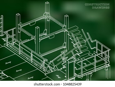 Building. Metal constructions. Volumetric constructions. Green background
