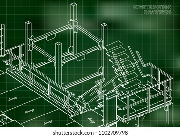 Building. Metal constructions. Volumetric constructions. Green background. Grid