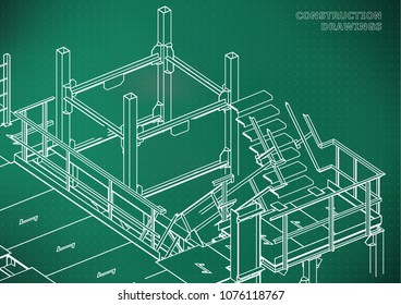 Building. Metal constructions. Volumetric constructions. Light green background. Points