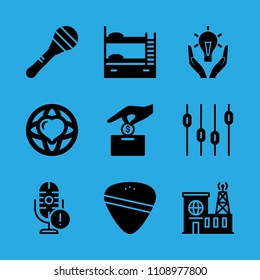 building, microphone, world peace, maraca, responsible energy use, guitar pick, levels, bunk and make a donation vector icon. Simple icons set